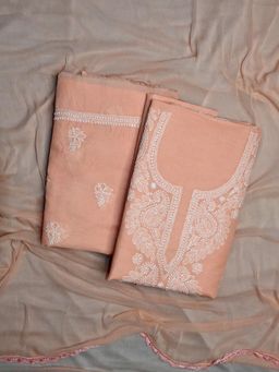 Seva Chikan - Peach Terivoil Cotton Chikankari Unstitched Kurta with Bottom and Dupatta