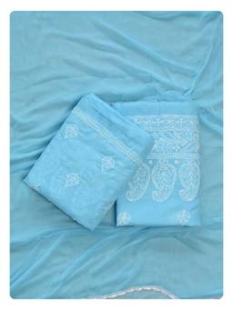 Seva Chikan - Blue Terivoil Cotton Chikankari Unstitched Kurta with Bottom and Dupatta