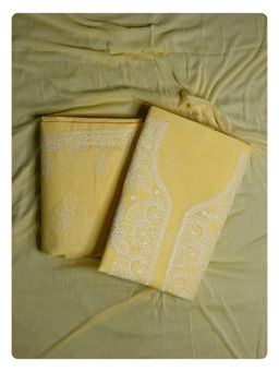 Seva Chikan - Yellow Terivoil Cotton Chikankari Unstitched Kurta with Bottom and Dupatta