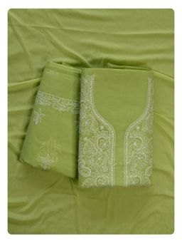 Seva Chikan - Green Terivoil Cotton Chikankari Unstitched Kurta with Bottom and Dupatta