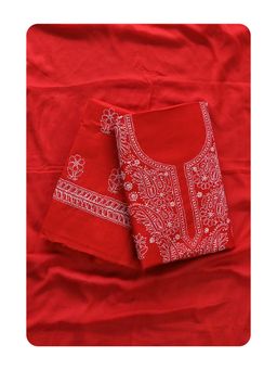 Seva Chikan - Red Cotton Chikankari Unstitched Kurta with Bottom and Dupatta