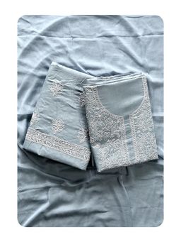 Seva Chikan - Grey Cotton Chikankari Unstitched Kurta with Bottom and Dupatta