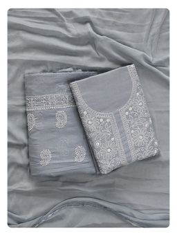 Seva Chikan - Grey Cotton Chikankari Unstitched Kurta with Bottom and Dupatta