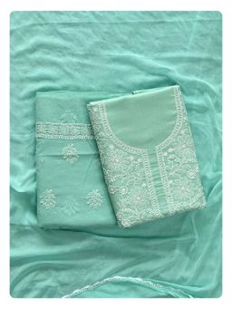 Seva Chikan - Sage Green Cotton Chikankari Unstitched Kurta with Bottom and Dupatta