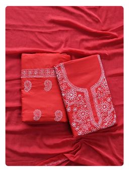 Seva Chikan - Red Cotton Chikankari Unstitched Kurta with Bottom and Dupatta