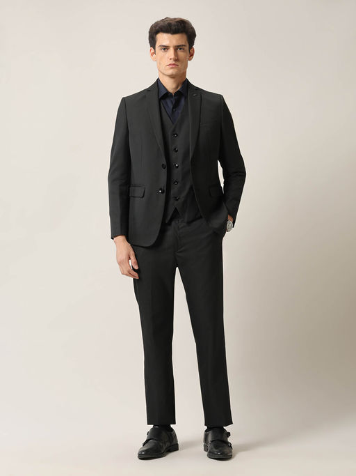 Arrow Mens Dobby Tailored Fit Ceremony Black Blazer with Waistcoat & Trouser