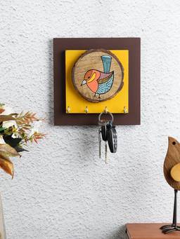 VarEesha - Chiraiya Hand Painted Gond Art Multicolored Square Wooden Key Holder
