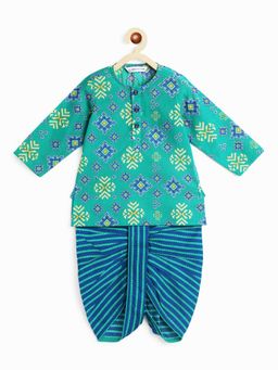 Campana - Boys Geometric Ika Print Bansi Dhoti Kurta - Blue & Sea Green (Set of 2)