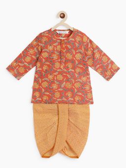 Campana - Boys All-Over Floral Print Bansi Dhoti Kurta - Brick Orange (Set of 2)