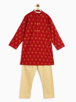 Campana - Boys Rustic Flower Print Palash Kurta Pyjama - Maroon (Set of 2)
