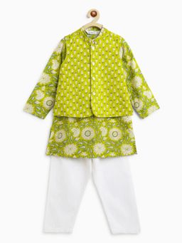 Campana - Boys Floral Print Nishant Kurta Pyjama With Jacket - Lime Green (Set of 3)