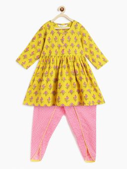 Campana - Girls Floral Print Shanah Dhoti - Yellow & Pink (Set of 2)