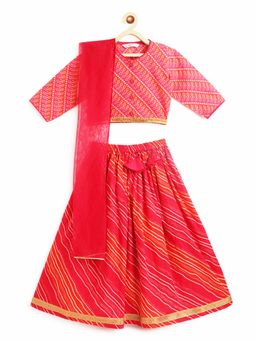 Campana - Girls Leheriya Print Koel Lehenga Choli - Pink (Set of 3)