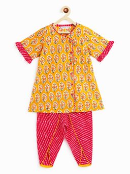 Campana - Girls Paisley Print Himani Dhoti Kurta - Yellow & Magenta (Set of 2)