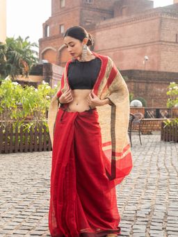 Beatitude - Red Cotton Mocklin Saree With Unstitched Blouse