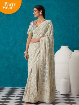 Likha - Grey Georgette Embroidered Chikankari Saree with Unstitched Blouse LIKSAR18 (Free Size)