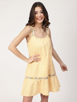 ELLE - Womens Check Yellow Dress