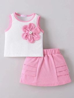 Hopscotch - Girls White Polyester Blend Top with Skirt