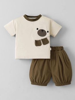 Hopscotch - Boys Beige Polyester Blend T-shirt with Shorts
