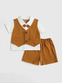 Hopscotch - Boys Brown Cotton Blend Shirt and Shorts with Bow