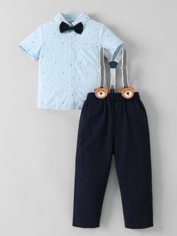 Hopscotch - Boys Blue Cotton Shirt and Pant with Bow Also Suspender