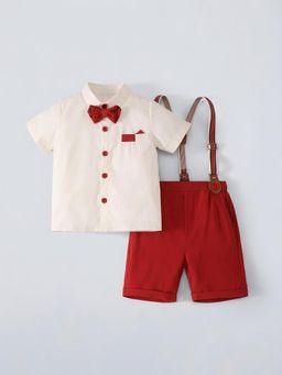 Hopscotch - Boys Cream Cotton Shirt and Shorts with Bow Also Suspender