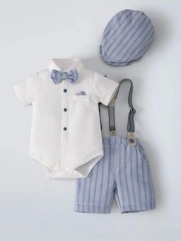 Hopscotch - Boys White Cotton Blend Onesie and Short with Bow also Suspender, Hat