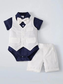 Hopscotch - Boys Navy Blue Cotton Blend Onesie and Short with Bow Also Waistcoat