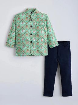 Hopscotch - Boys Green Cotton Blend Coat with Pant