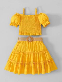 Hopscotch - Girls Yellow Polyester Top and Skirt with Belt