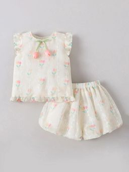 Hopscotch - Girls Off White Polyester Top with Shorts