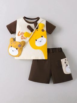 Hopscotch - Boys Brown Cotton Blend T-shirt and Shorts with Bag