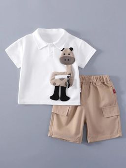 Hopscotch - Boys White Cotton Blend Polo T-shirt with Shorts