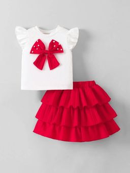 Hopscotch - Girls White Polyester Blend Top with Skirt