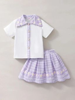 Hopscotch - Girls White Polyester Top with Skirt