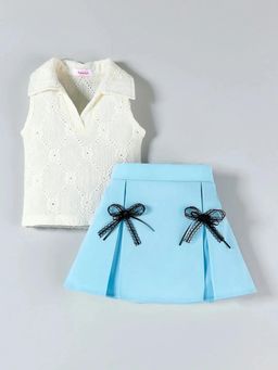 Hopscotch - Girls White Polyester Top with Skirt