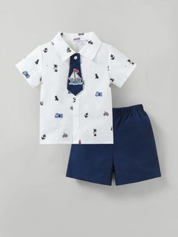 Hopscotch - Boys White Polyester Shirt and Short with Tie