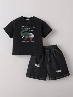 Hopscotch - Boys Black Cotton Blend T-shirt with Short