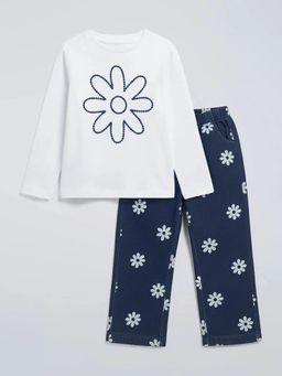 Hopscotch - Girls White Polyester Blend T-shirt with Pant