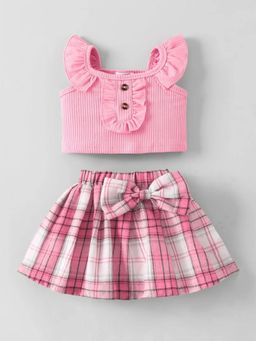 Hopscotch - Girls Pink Polyester Blend Top with Skirt