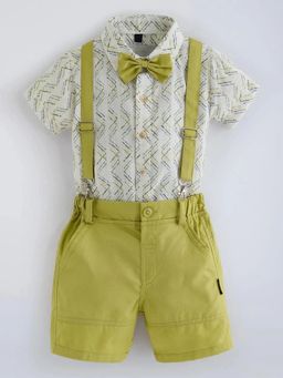 Hopscotch - Boys Off White Cotton Shirt and Shorts with Bow Also Suspender