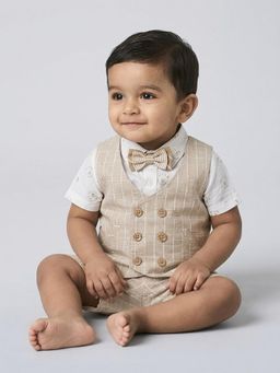 Hopscotch - Boys Beige Cotton Shirt and Shorts with Waistcoat Also Bow