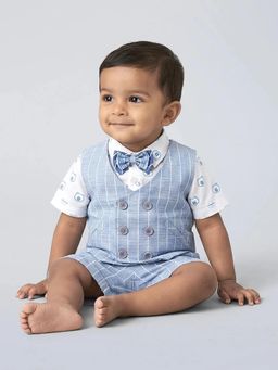 Hopscotch - Boys Blue Cotton Shirt and Shorts with Waistcoat Also Bow