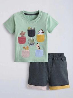 Hopscotch - Boys Green Cotton T-shirt with Short