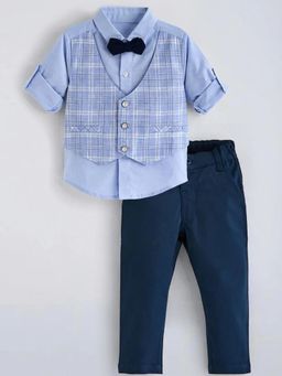 Hopscotch - Boys Blue Cotton Shirt and Pant with Waistcoat Also Bow