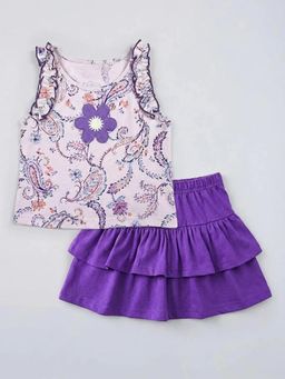 Hopscotch - Girls Purple Cotton Blend Top with Skirt