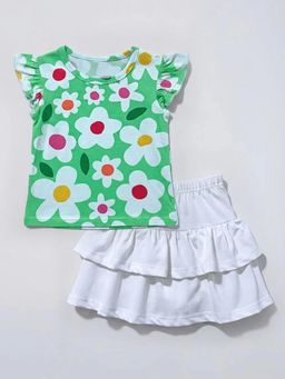 Hopscotch - Girls Green Cotton Blend Top with Skirt