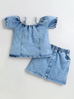 Hopscotch - Girls Blue Cotton Blend Top with Skirt