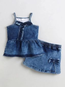 Hopscotch - Girls Blue Cotton Blend Top with Shorts