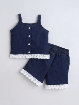 Hopscotch - Girls Navy Blue Cotton Blend Top with Shorts